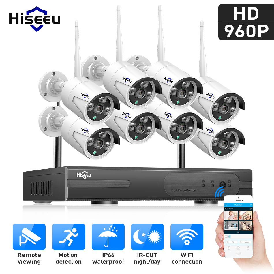 HISEEU 8CH 960P無線閉路電視系統WiFi NVR套件防水IP攝像頭戶外家庭安全系統
