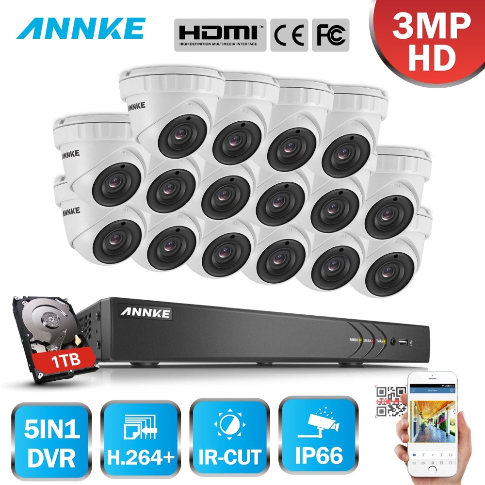 Annke 16CH 3MP HD CCTV系統5IN1 DVR 16PCS 3MP TVI安全件防風雨攝像機室外CCTV