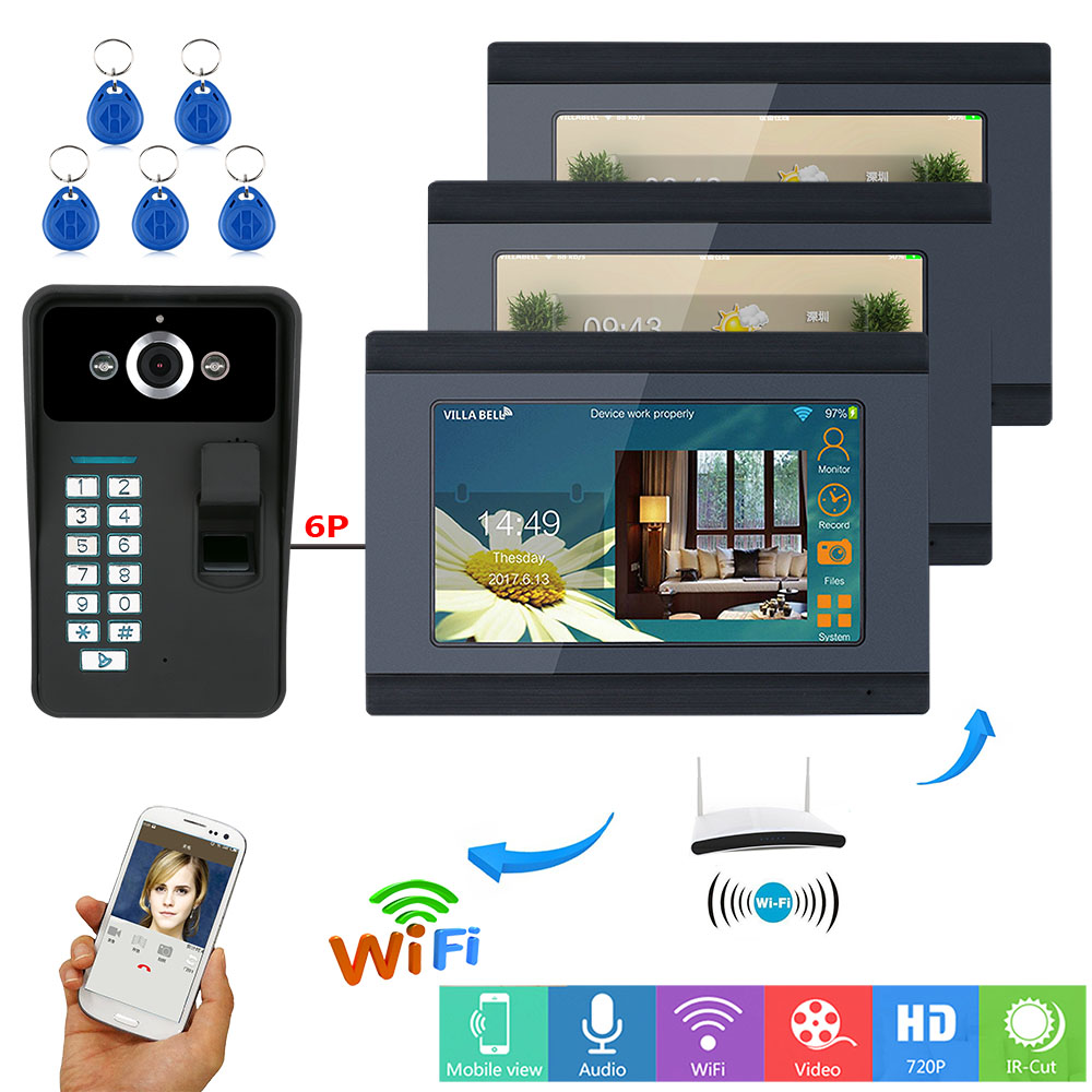 一到三個視頻對講系統1相機3監視無線WiFi指紋RFID密碼視頻